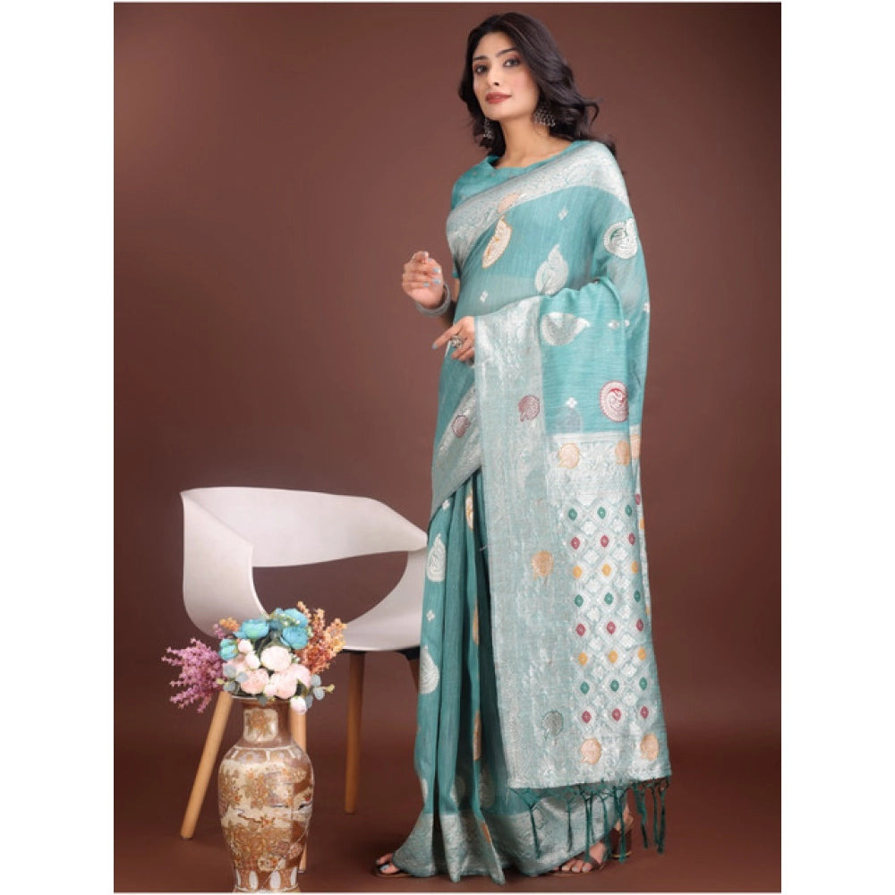 Seduva Women's Linen Cotton Printed Saree With Unstitched Blouse 5.5Mtr (Sea Green)
