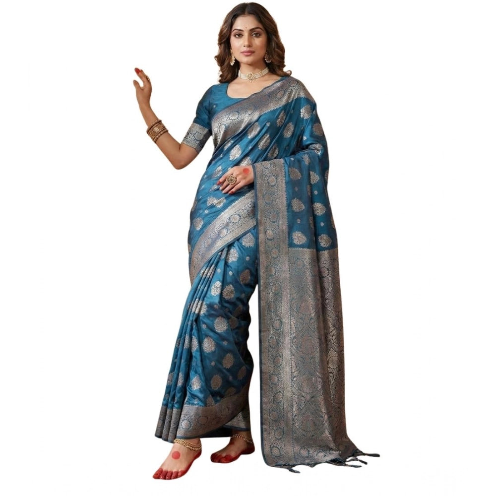 Seduva Women's Silk Blend Printed Saree With Unstitched Blouse 5.5Mtr (Teal Blue)