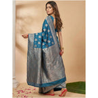 Seduva Women's Silk Blend Printed Saree With Unstitched Blouse 5.5Mtr (Teal Blue)