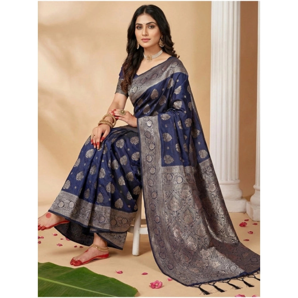 Seduva Women's Silk Blend Printed Saree With Unstitched Blouse 5.5Mtr (Navy Blue)