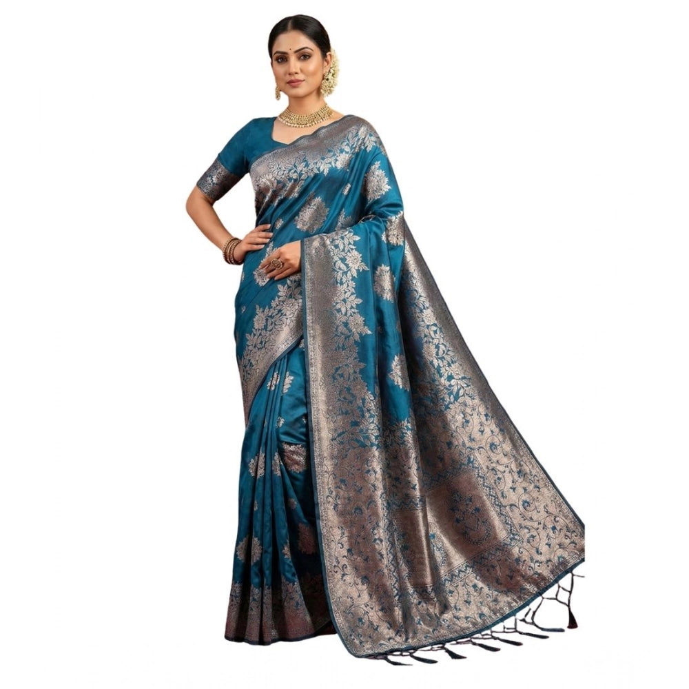 Seduva Women's Silk Blend Printed Saree With Unstitched Blouse 5.5Mtr (Teal Blue)