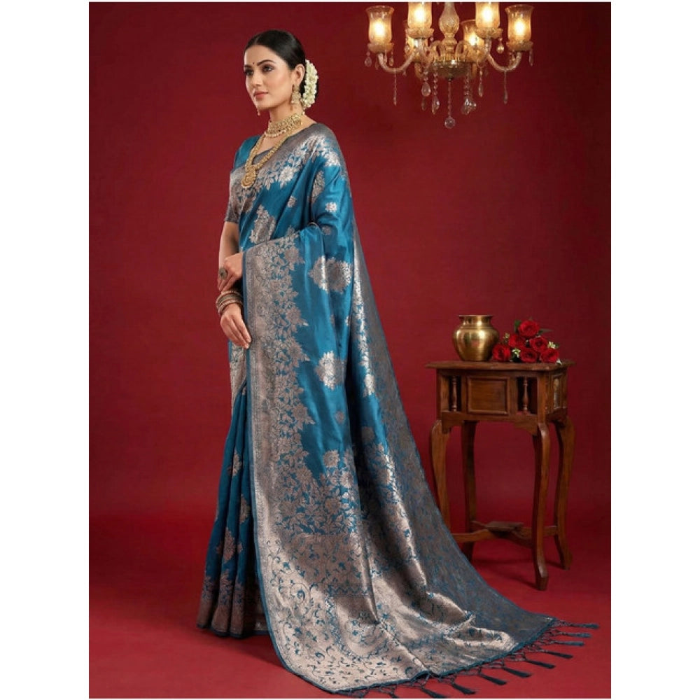 Seduva Women's Silk Blend Printed Saree With Unstitched Blouse 5.5Mtr (Teal Blue)