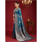 Seduva Women's Silk Blend Printed Saree With Unstitched Blouse 5.5Mtr (Teal Blue)