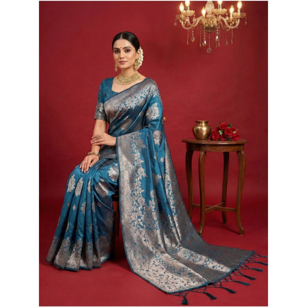 Seduva Women's Silk Blend Printed Saree With Unstitched Blouse 5.5Mtr (Teal Blue)
