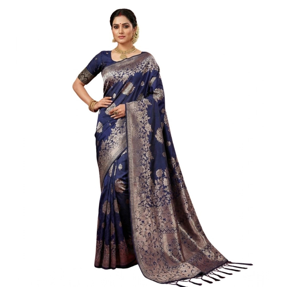 Seduva Women's Silk Blend Printed Saree With Unstitched Blouse 5.5Mtr (Navy Blue)