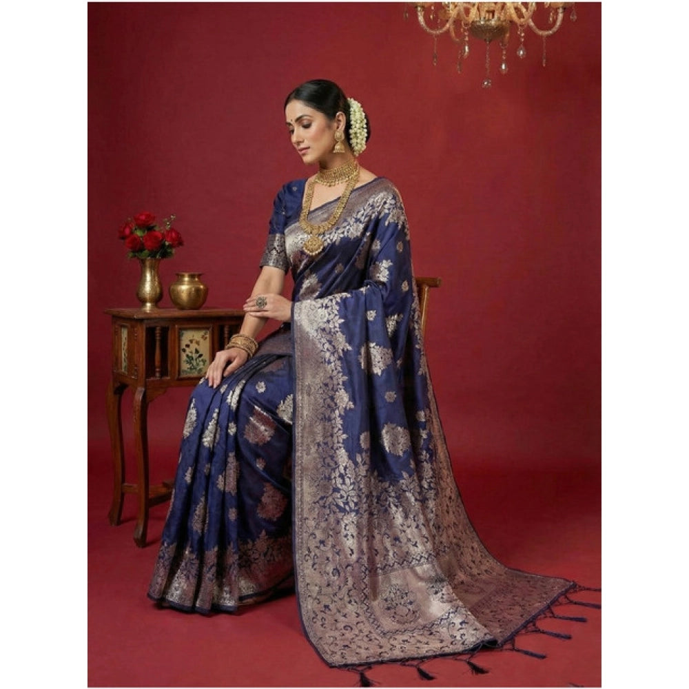 Seduva Women's Silk Blend Printed Saree With Unstitched Blouse 5.5Mtr (Navy Blue)