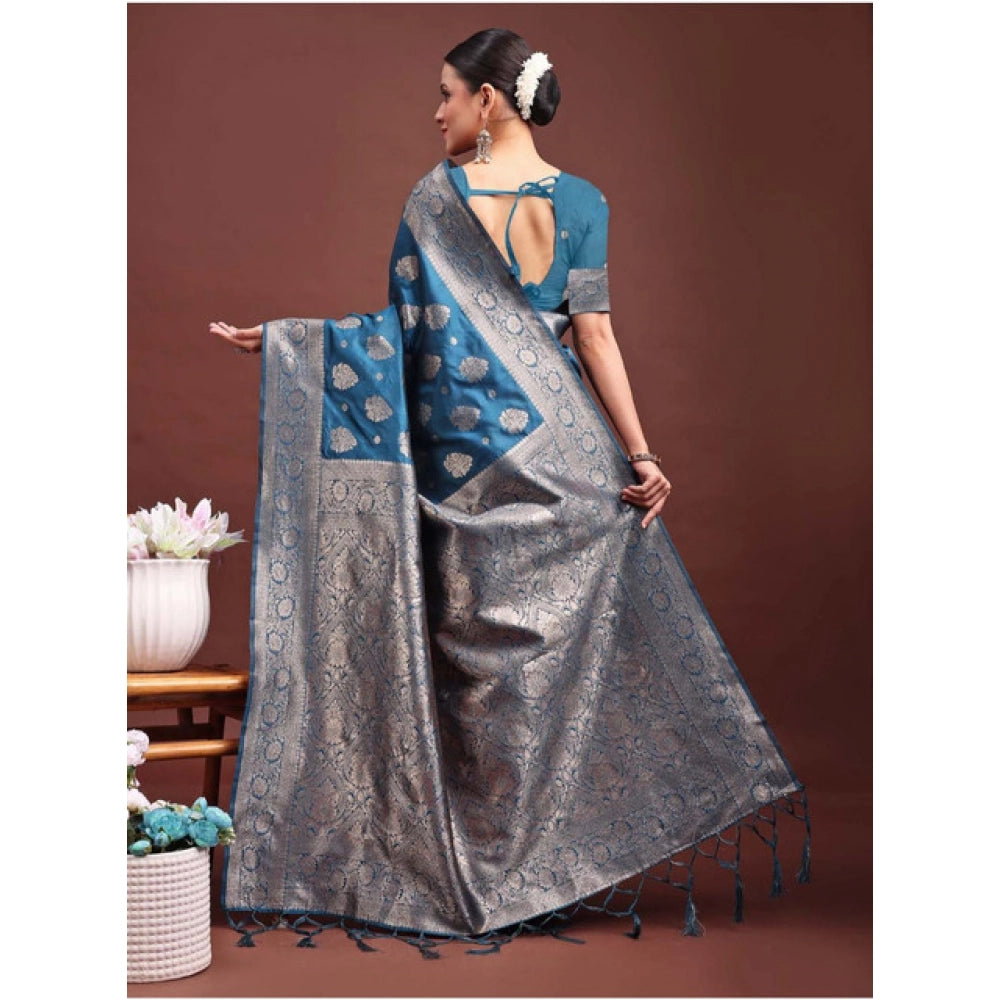 Seduva Women's Banarasi Silk Printed Saree With Unstitched Blouse 5.5Mtr (Teal Blue)