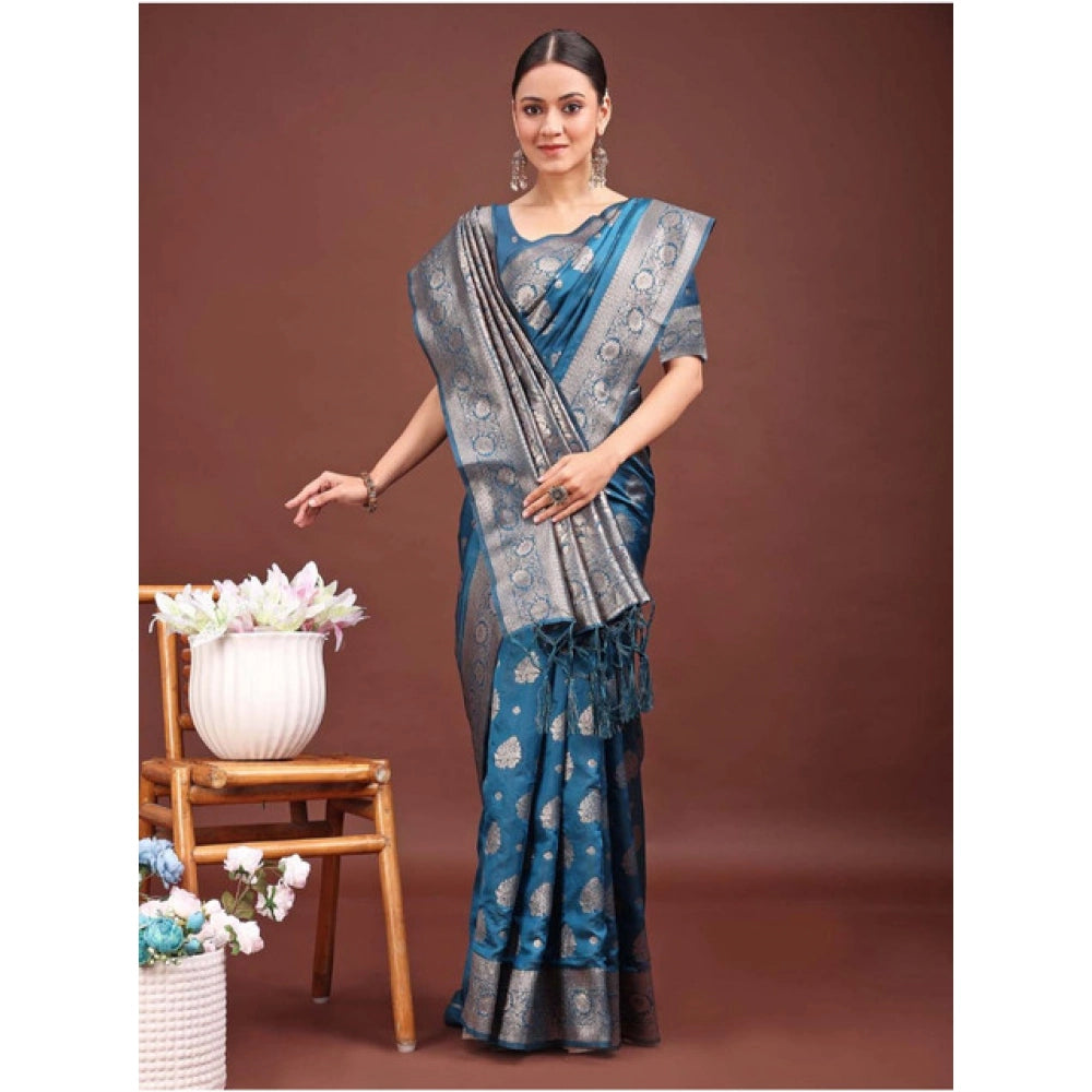 Seduva Women's Banarasi Silk Printed Saree With Unstitched Blouse 5.5Mtr (Teal Blue)