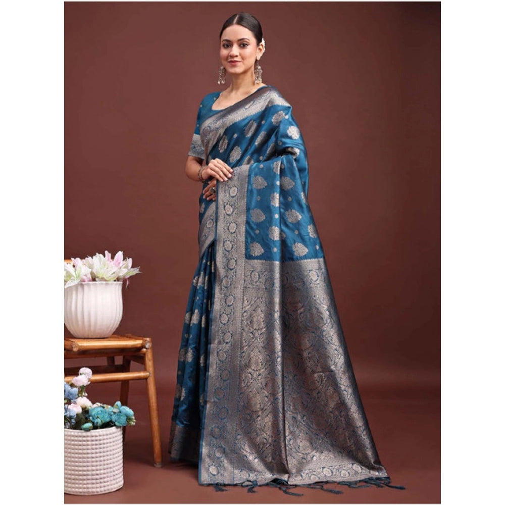 Seduva Women's Banarasi Silk Printed Saree With Unstitched Blouse 5.5Mtr (Teal Blue)