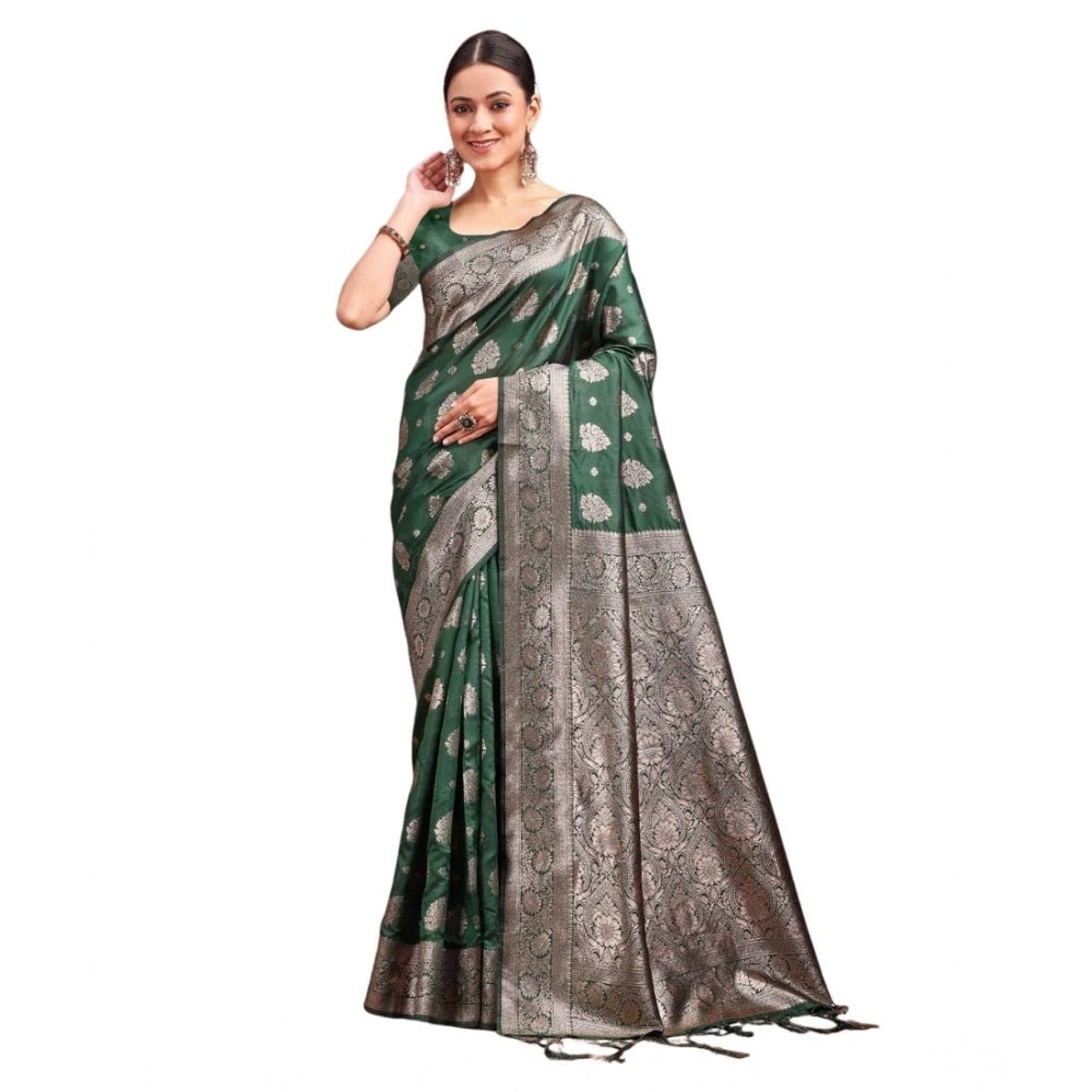 Seduva Women's Banarasi Silk Printed Saree With Unstitched Blouse 5.5Mtr (Dark Green)