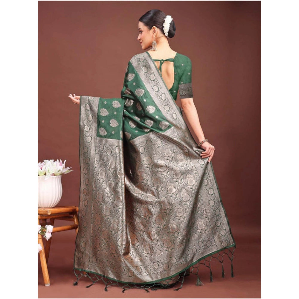 Seduva Women's Banarasi Silk Printed Saree With Unstitched Blouse 5.5Mtr (Dark Green)