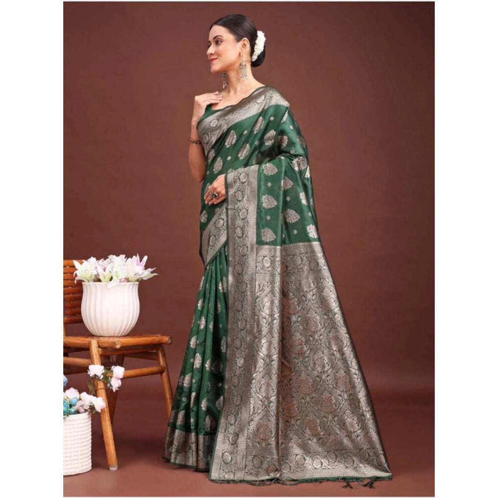 Seduva Women's Banarasi Silk Printed Saree With Unstitched Blouse 5.5Mtr (Dark Green)
