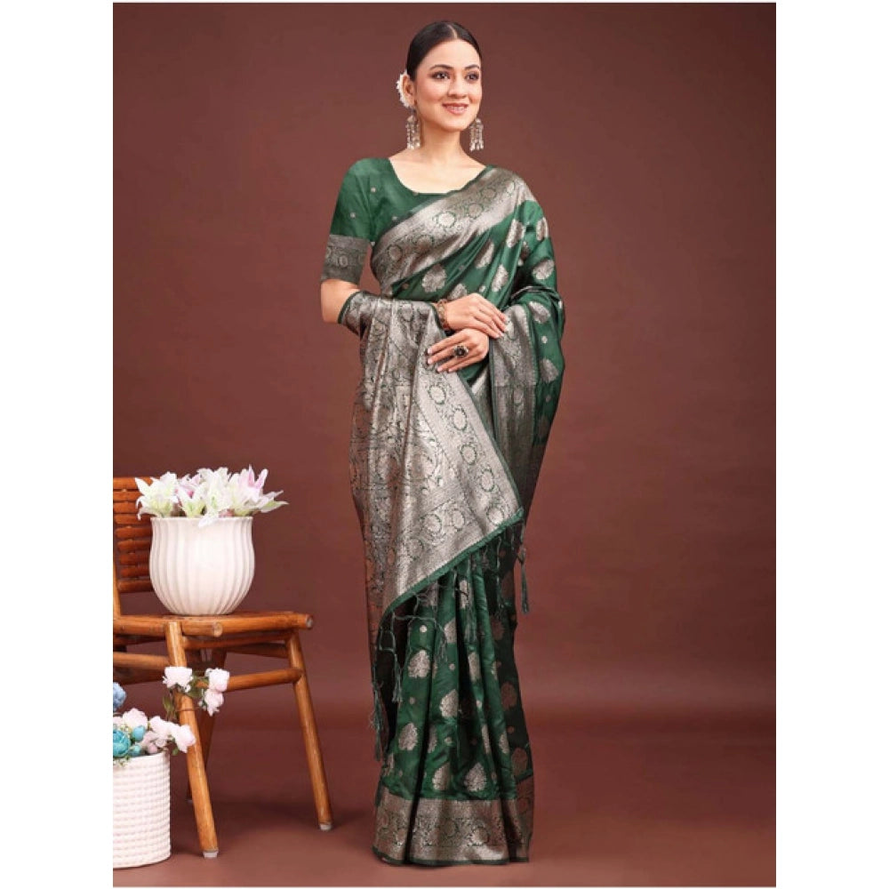 Seduva Women's Banarasi Silk Printed Saree With Unstitched Blouse 5.5Mtr (Dark Green)