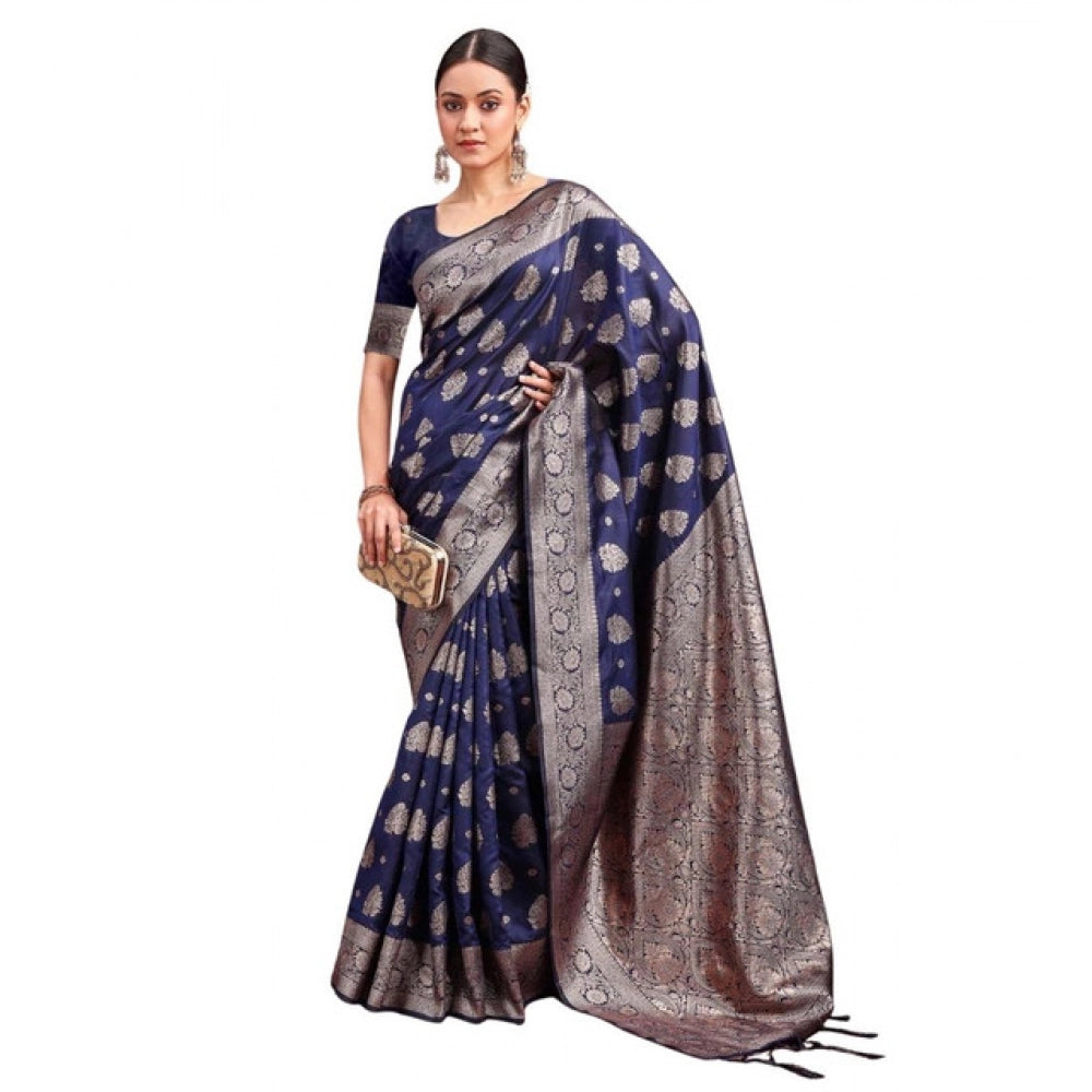 Seduva Women's Banarasi Silk Printed Saree With Unstitched Blouse 5.5Mtr (Navy Blue)