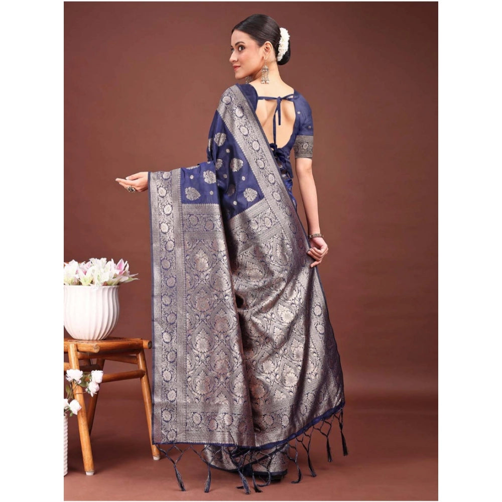 Seduva Women's Banarasi Silk Printed Saree With Unstitched Blouse 5.5Mtr (Navy Blue)