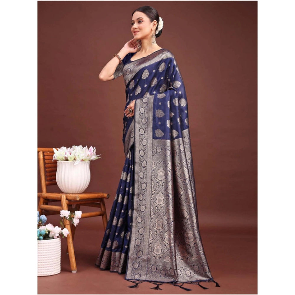 Seduva Women's Banarasi Silk Printed Saree With Unstitched Blouse 5.5Mtr (Navy Blue)
