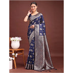 Seduva Women's Banarasi Silk Printed Saree With Unstitched Blouse 5.5Mtr (Navy Blue)