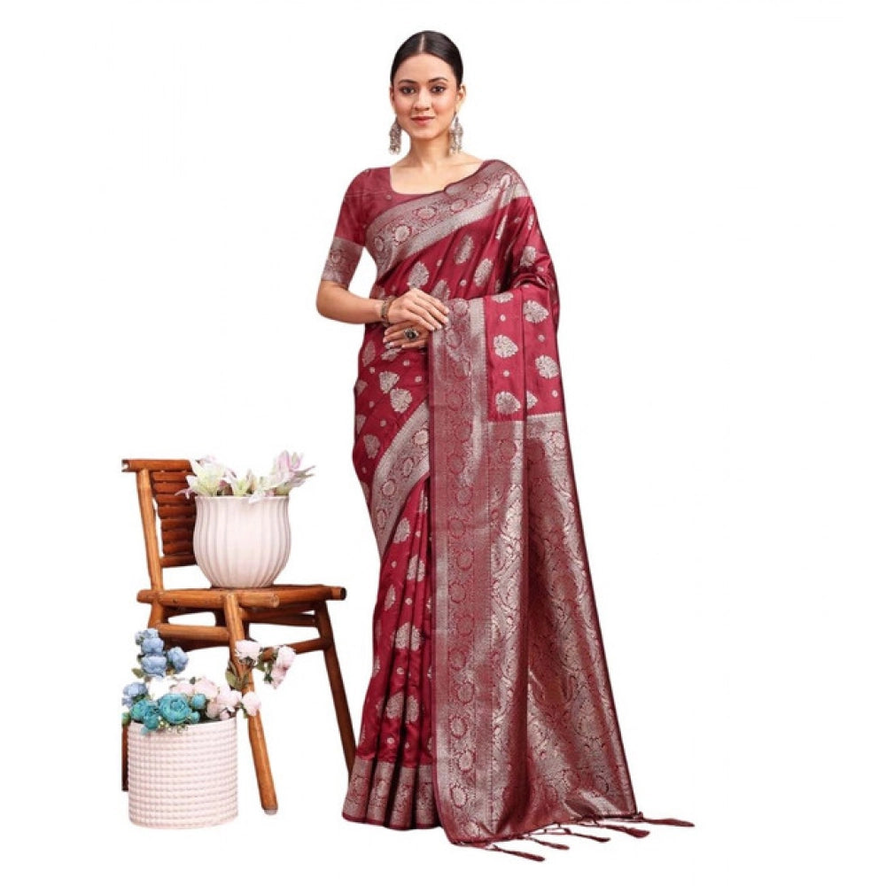 Seduva Women's Banarasi Silk Printed Saree With Unstitched Blouse 5.5Mtr (Maroon)