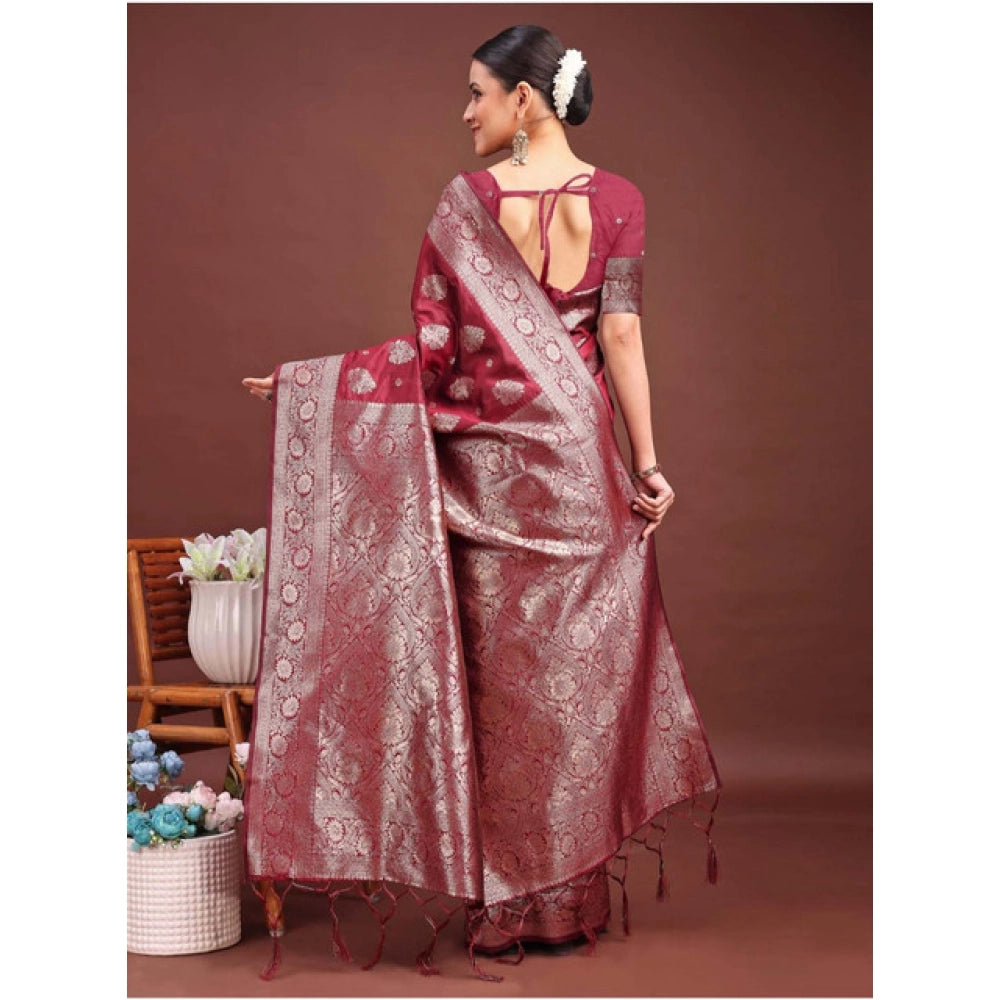 Seduva Women's Banarasi Silk Printed Saree With Unstitched Blouse 5.5Mtr (Maroon)