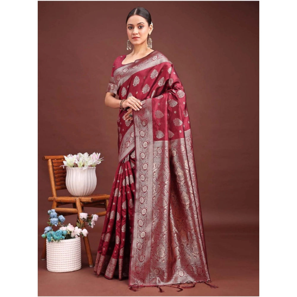 Seduva Women's Banarasi Silk Printed Saree With Unstitched Blouse 5.5Mtr (Maroon)
