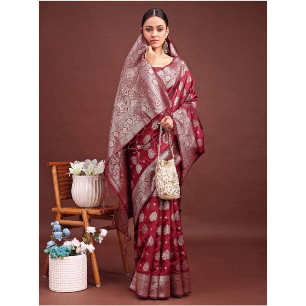Seduva Women's Banarasi Silk Printed Saree With Unstitched Blouse 5.5Mtr (Maroon)