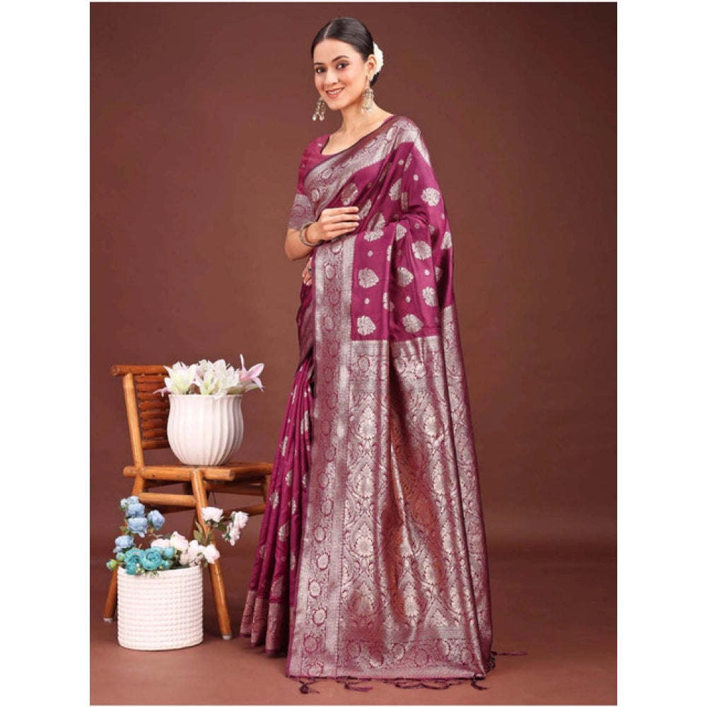 Seduva Women's Banarasi Silk Printed Saree With Unstitched Blouse 5.5Mtr (Purple)