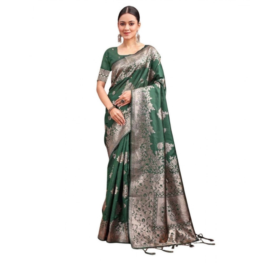 Seduva Women's Banarasi Silk Printed Saree With Unstitched Blouse 5.5Mtr (Dark Green)