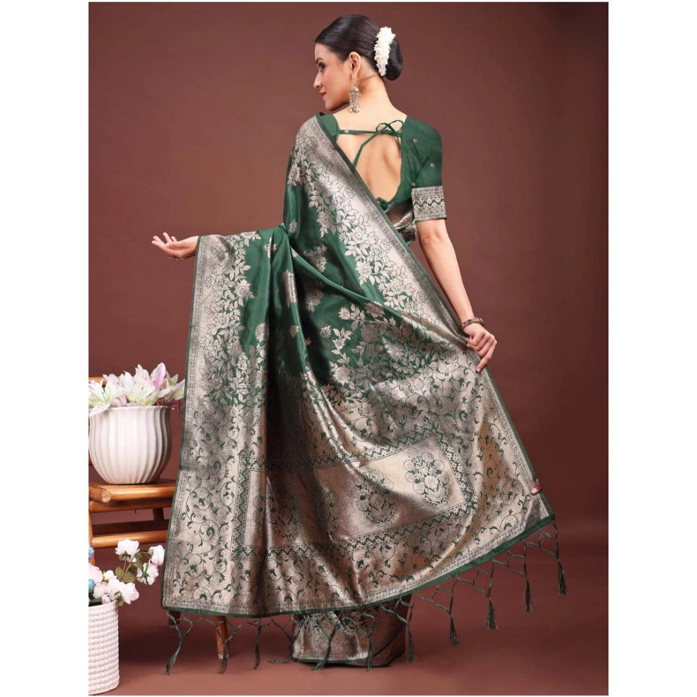 Seduva Women's Banarasi Silk Printed Saree With Unstitched Blouse 5.5Mtr (Dark Green)
