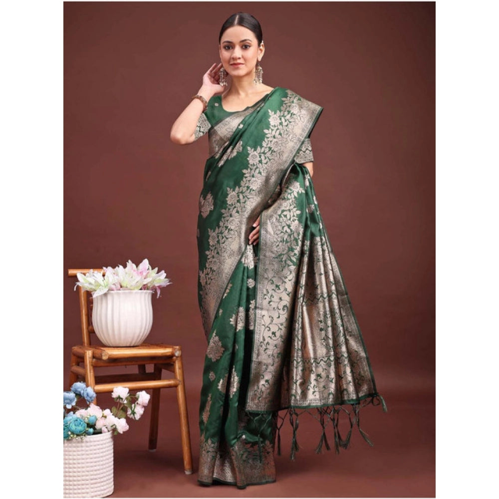Seduva Women's Banarasi Silk Printed Saree With Unstitched Blouse 5.5Mtr (Dark Green)
