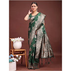 Seduva Women's Banarasi Silk Printed Saree With Unstitched Blouse 5.5Mtr (Dark Green)