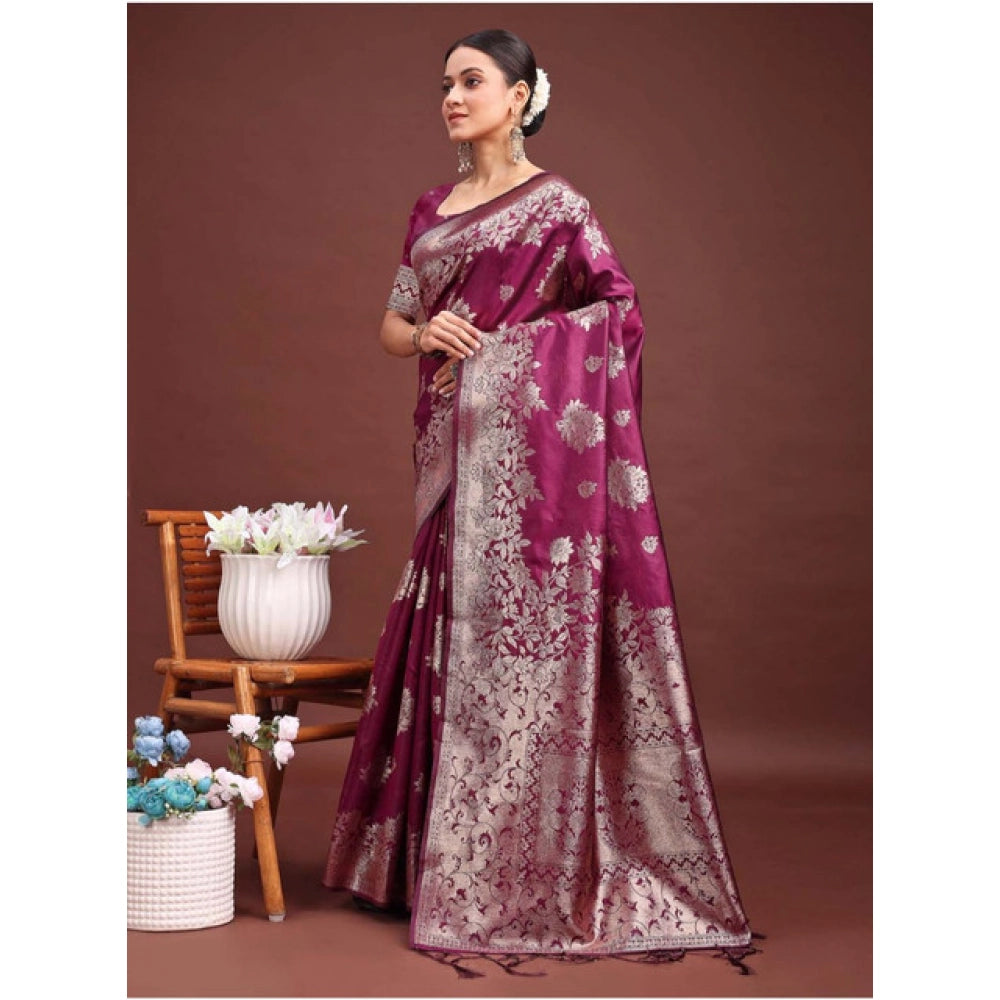 Seduva Women's Banarasi Silk Printed Saree With Unstitched Blouse 5.5Mtr (Purple)