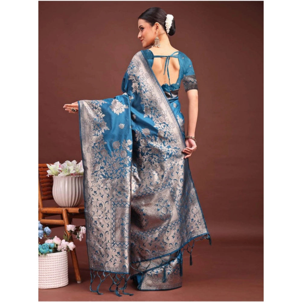 Seduva Women's Banarasi Silk Printed Saree With Unstitched Blouse 5.5Mtr (Teal Blue)