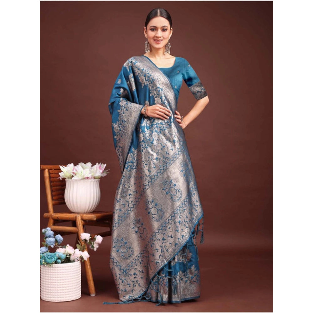 Seduva Women's Banarasi Silk Printed Saree With Unstitched Blouse 5.5Mtr (Teal Blue)