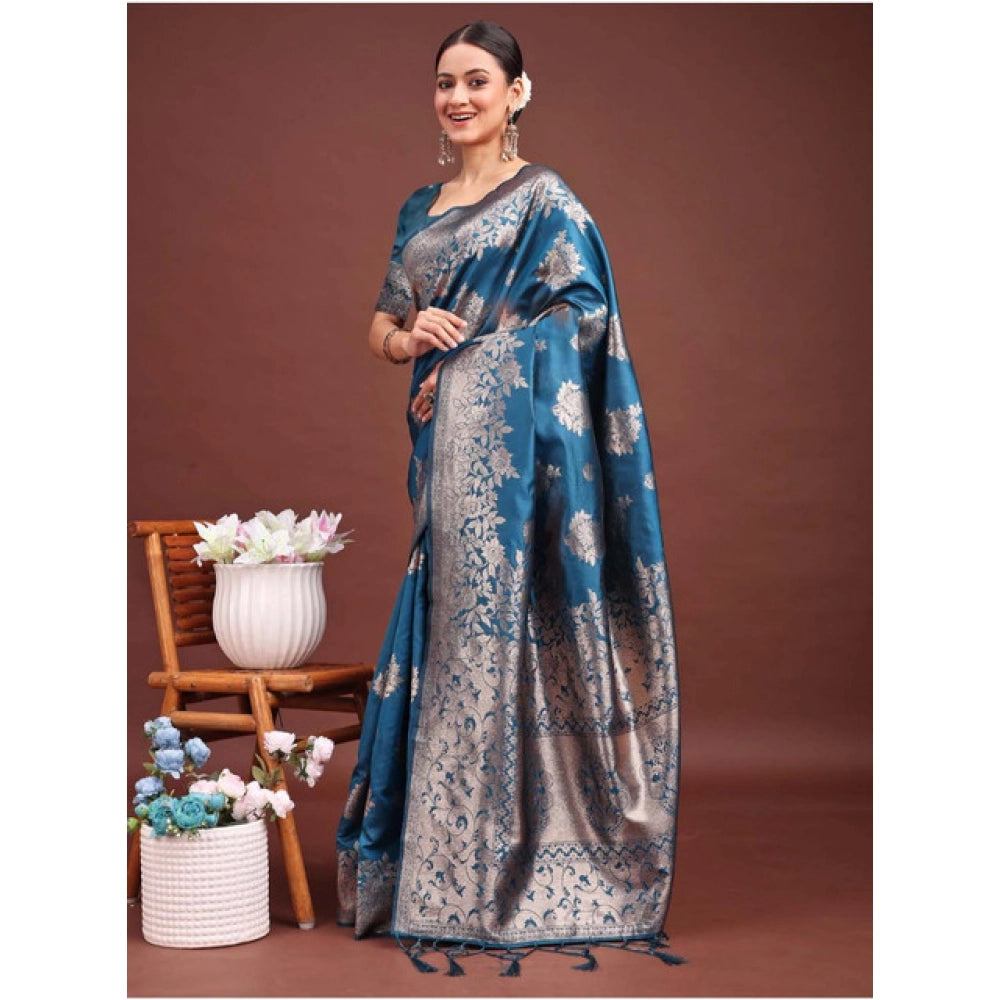 Seduva Women's Banarasi Silk Printed Saree With Unstitched Blouse 5.5Mtr (Teal Blue)