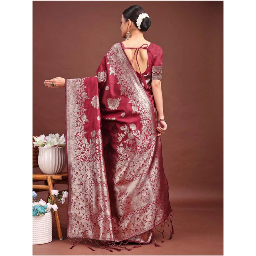 Seduva Women's Banarasi Silk Printed Saree With Unstitched Blouse 5.5Mtr (Maroon)