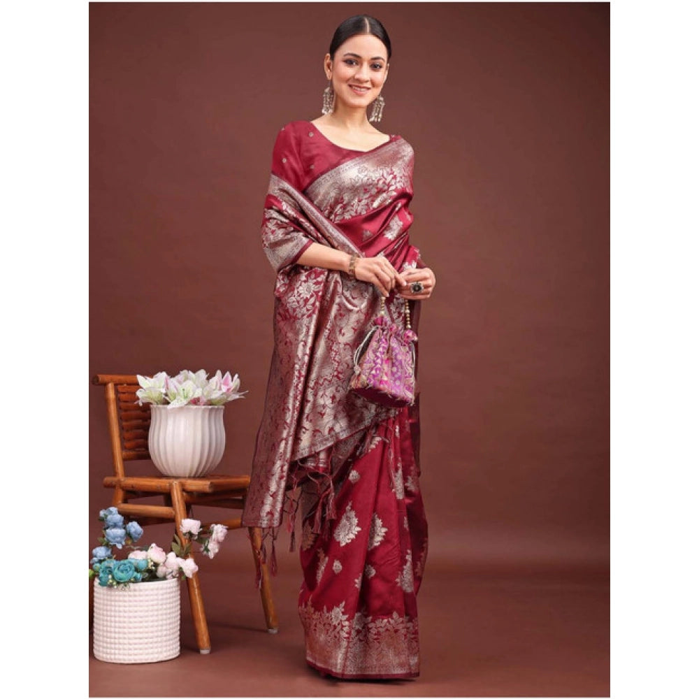 Seduva Women's Banarasi Silk Printed Saree With Unstitched Blouse 5.5Mtr (Maroon)