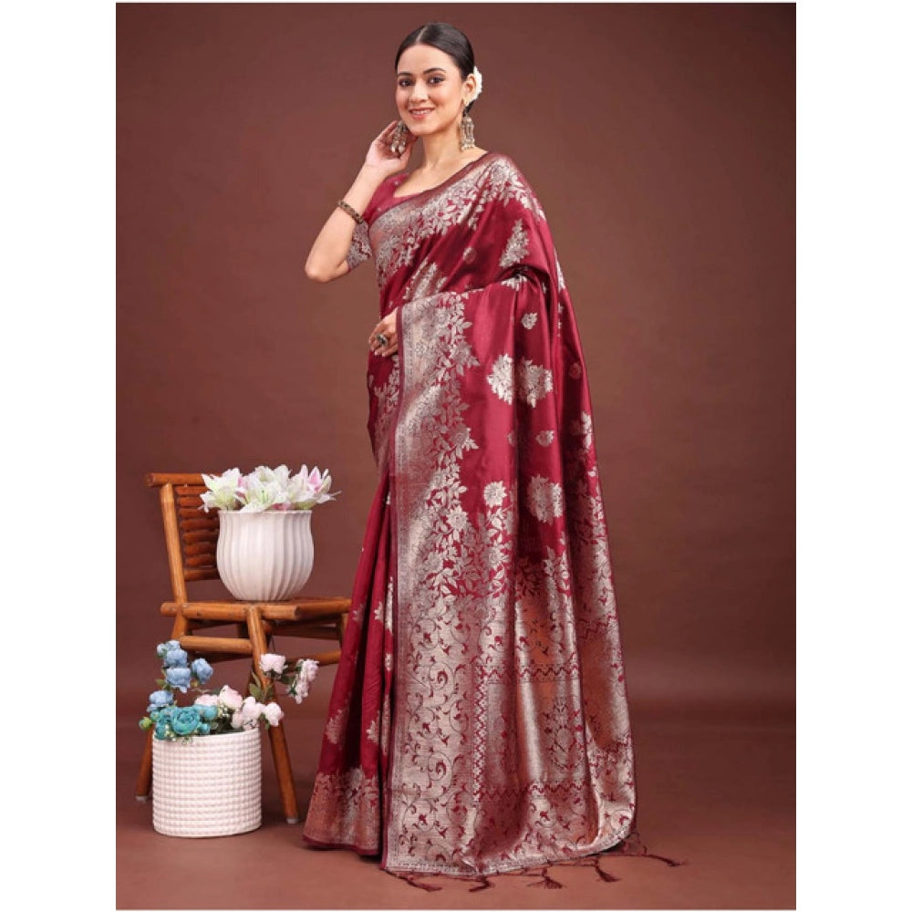 Seduva Women's Banarasi Silk Printed Saree With Unstitched Blouse 5.5Mtr (Maroon)