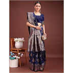 Seduva Women's Banarasi Silk Printed Saree With Unstitched Blouse 5.5Mtr (Navy Blue)
