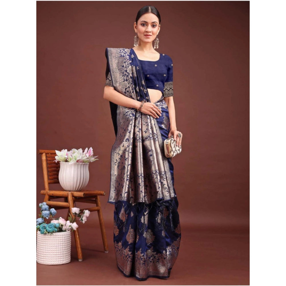 Seduva Women's Banarasi Silk Printed Saree With Unstitched Blouse 5.5Mtr (Navy Blue)