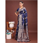 Seduva Women's Banarasi Silk Printed Saree With Unstitched Blouse 5.5Mtr (Navy Blue)