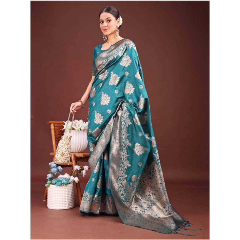 Seduva Women's Banarasi Silk Printed Saree With Unstitched Blouse 5.5Mtr (Sea Green)