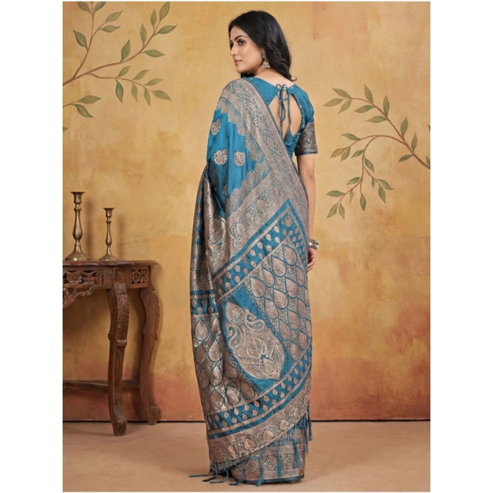Seduva Women's Silk Blend Printed Saree With Unstitched Blouse 5.5Mtr (Teal)