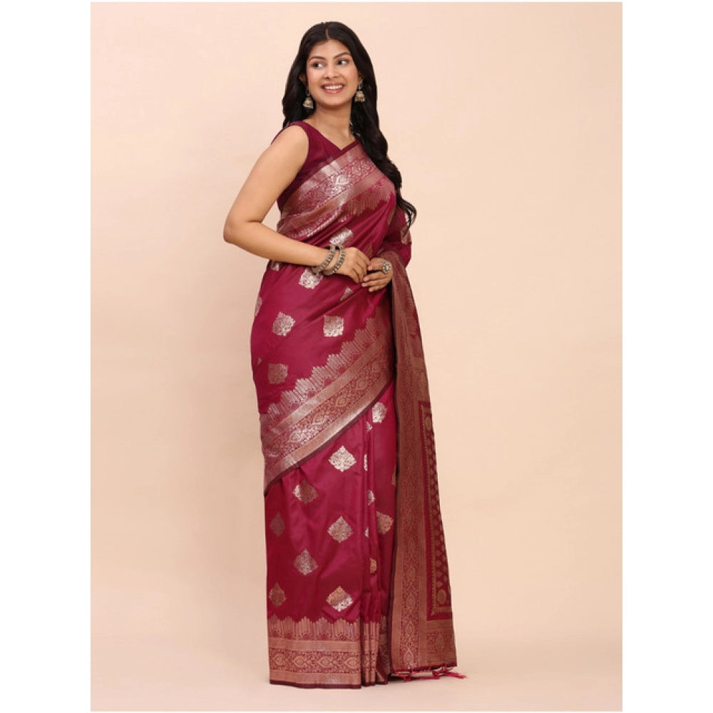 Seduva Women's Banarasi Silk Printed Saree With Unstitched Blouse 5.5Mtr (Magenta)