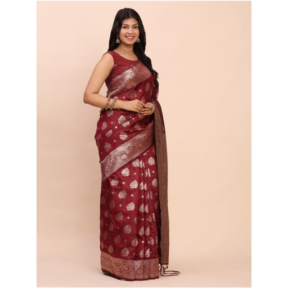 Seduva Women's Banarasi Silk Printed Saree With Unstitched Blouse 5.5Mtr (Maroon)