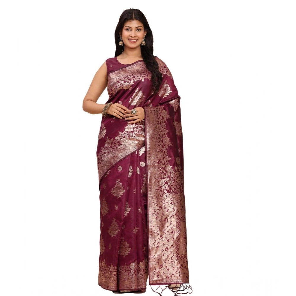 Seduva Women's Banarasi Silk Printed Saree With Unstitched Blouse 5.5Mtr (Purple)