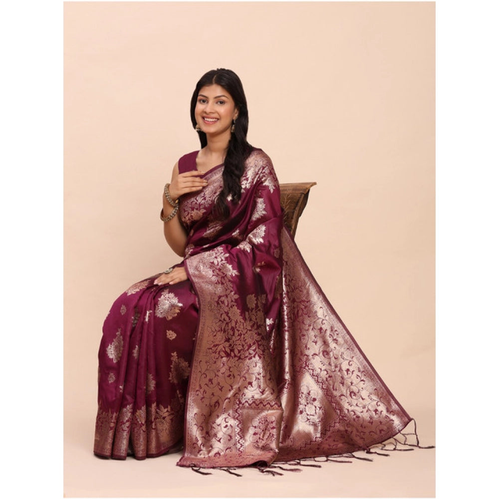 Seduva Women's Banarasi Silk Printed Saree With Unstitched Blouse 5.5Mtr (Purple)