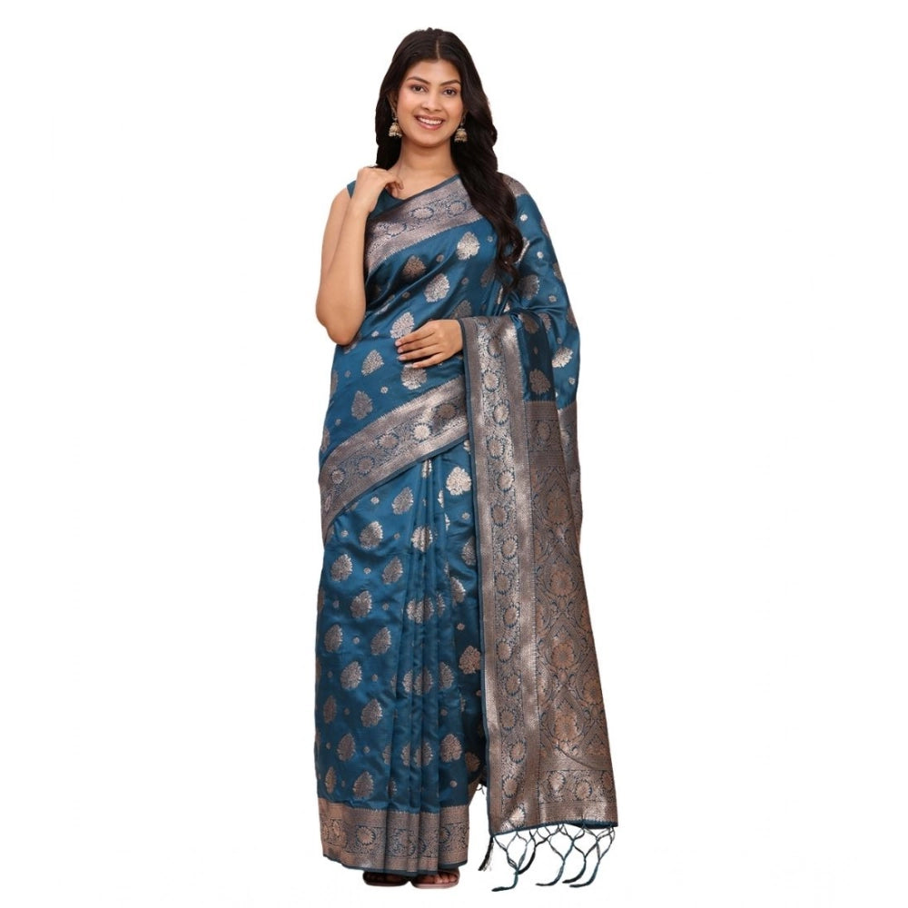 Seduva Women's Banarasi Silk Printed Saree With Unstitched Blouse 5.5Mtr (Teal Blue)