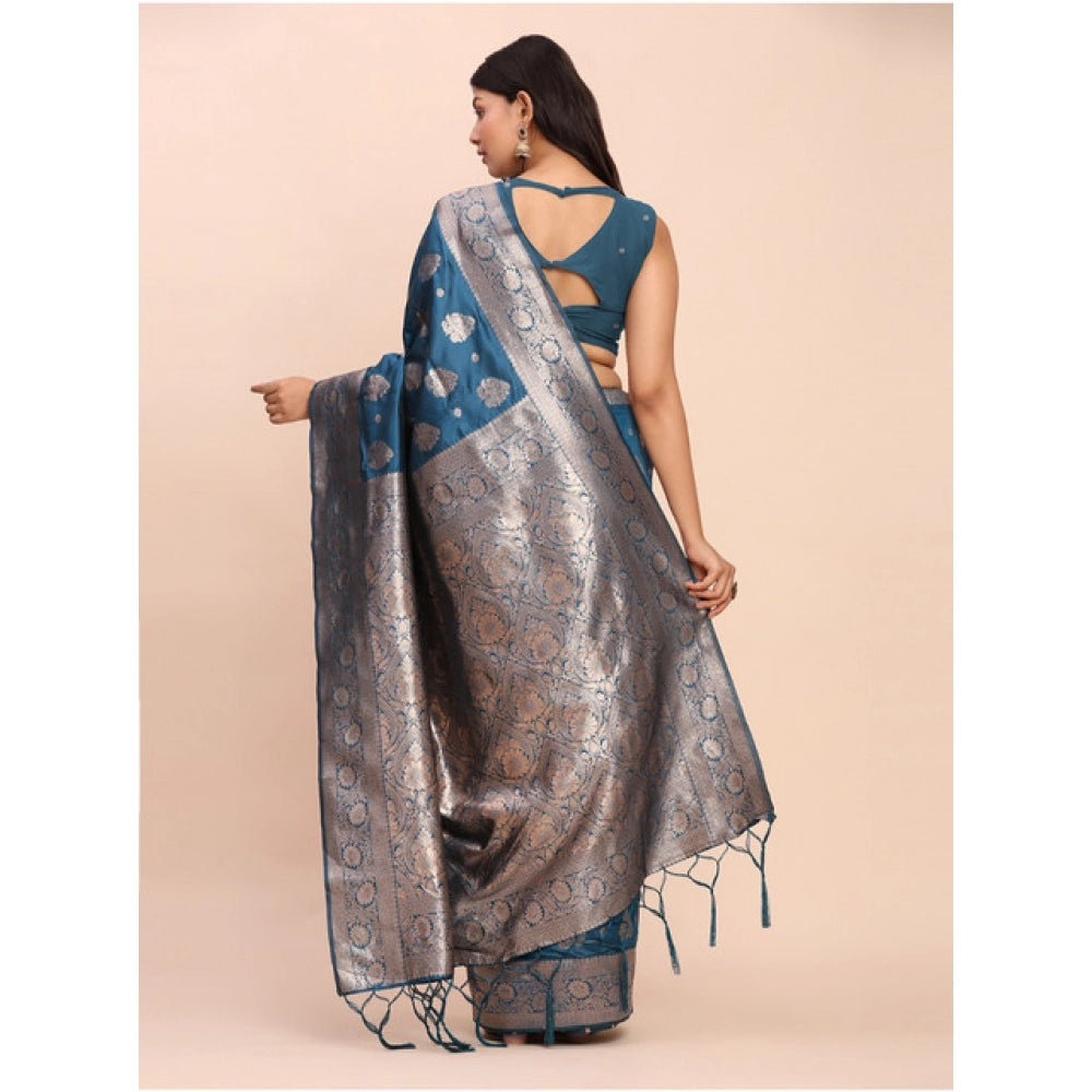 Seduva Women's Banarasi Silk Printed Saree With Unstitched Blouse 5.5Mtr (Teal Blue)