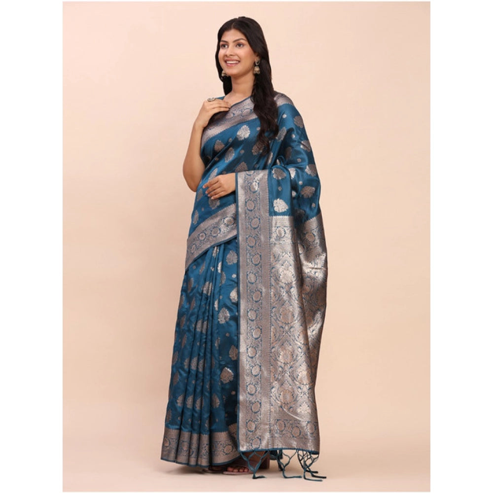Seduva Women's Banarasi Silk Printed Saree With Unstitched Blouse 5.5Mtr (Teal Blue)