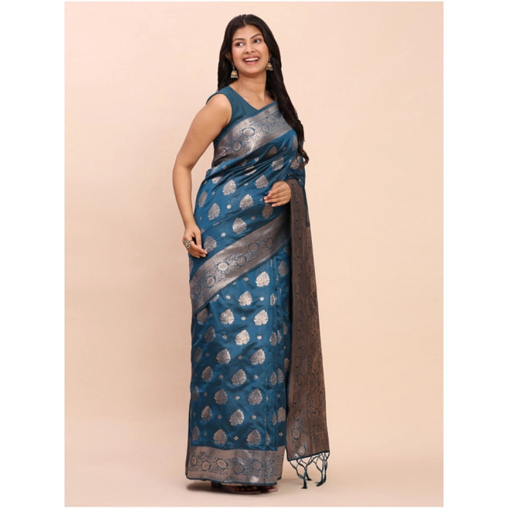 Seduva Women's Banarasi Silk Printed Saree With Unstitched Blouse 5.5Mtr (Teal Blue)